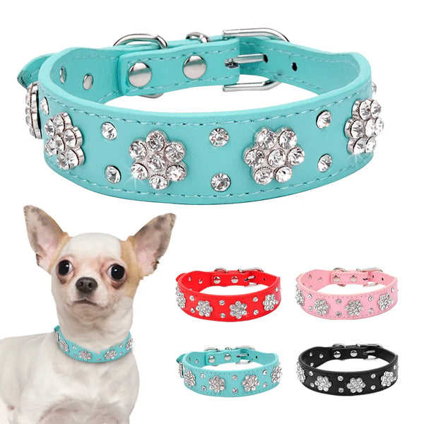 Didog Rhinestone Dog Collar Diamante Leather Pet Puppy Necklace Bling Crystal Studded Cat Collars Pink Red For Small Medium Dogs